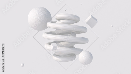 White glossy spiral and textured shapes. Monochrome art composition. Abstract illustration, 3d render.