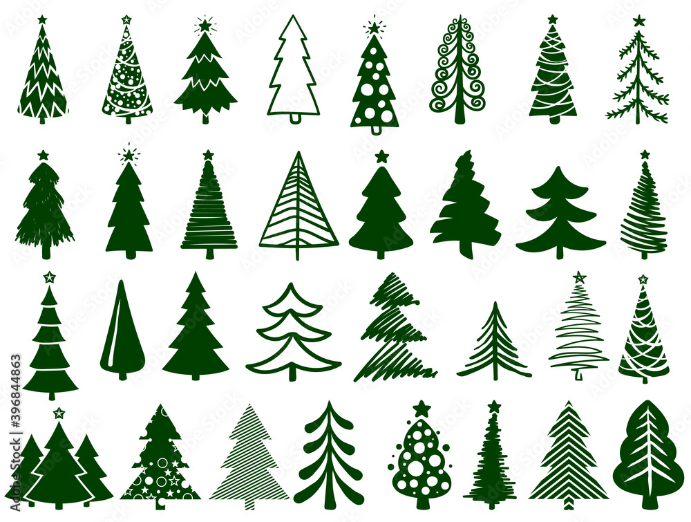 Christmas tree set. Bundle of various Christmas trees isolated on a white background