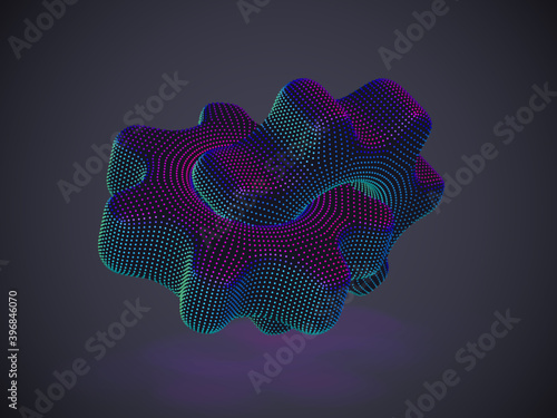 3D gears made of neon dots on gray background. Abstract vector illustration (EPS 10) of digital futuristic cogwheels. Concept of business partnership, online support and information technology.