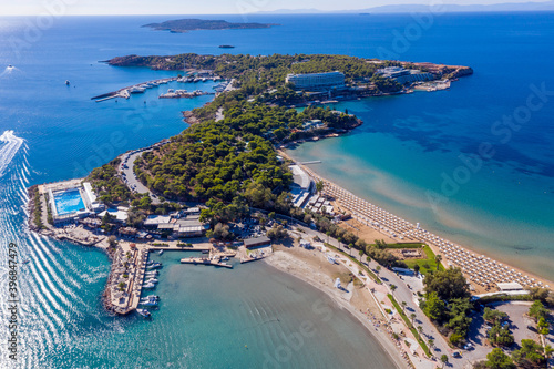 Athens Greece Riviera, Asteras Vouliagmeni panorama. Aerial drone view.