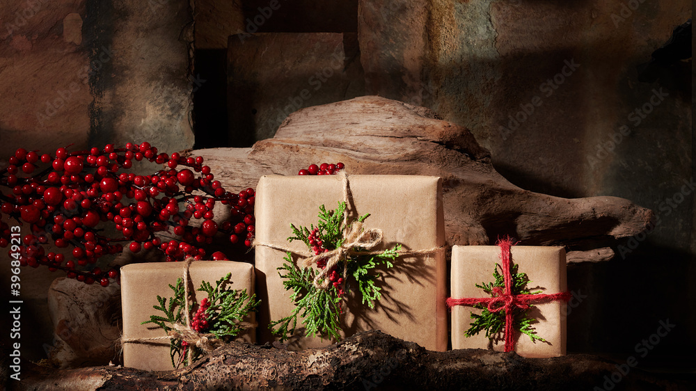 Fototapeta premium Rustic Wrapped Christmas Gifts in Still Life