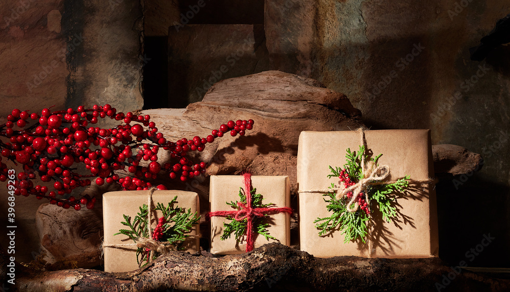 Fototapeta premium Rustic Wrapped Christmas Gifts in Still Life