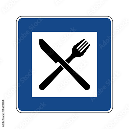 Motorway restaurant road sign. Vector illustration of blue square traffic sign with crossed fork and knife icon inside. Highway rest area symbol isolated on background used in Germany. 