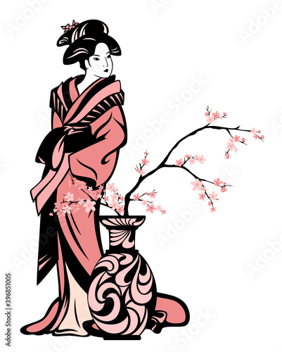 japanese geisha wearing traditional kimono clothes standing by vase with blooming sakura branches - spring season vector design