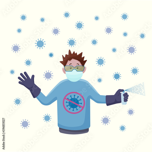 Scared man with glasses in a mask, a glove and with a disinfector protects against the virus. Vector illustration in cartoon style.