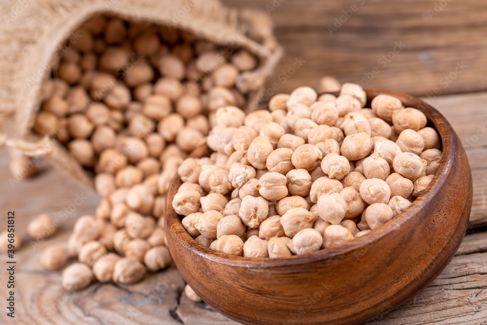 Food background from a texture of raw chickpeas close-up