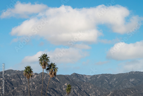 View of the top of the San Gabriel Mountains as seen looking north from Pasadena in Los Angeles County., including Mount Lowe in the middle, elevation 5,700 ft. photo