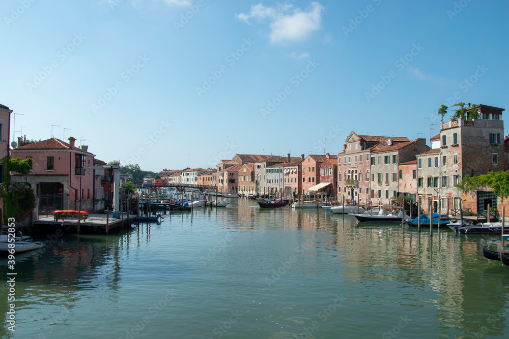 Sestiere di Castello in Venice with its characteristic buildings, with canals, bridges and alleys.