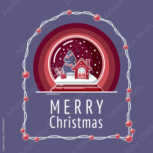 new year greeting card with a snow glass ball the inscription happy Christmas a house and a Christmas tree snow and snowdrifts