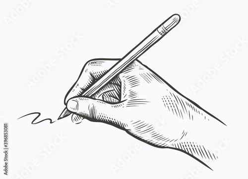 Pen in hand sketch. Drawing, writing vintage vector illustration