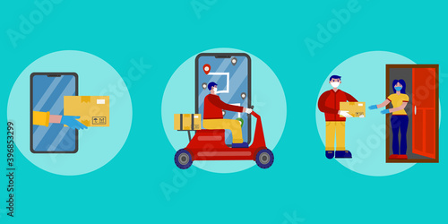 All stages of safe delivery online ordering, courier in protective mask and gloves on a scooter on the road, courier gives the package to the customer. Stay at home concept. Flat illustration