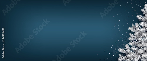White Christmas Tree on blue background with snowflakes. Merry Christmas and Happy Holiday Banner