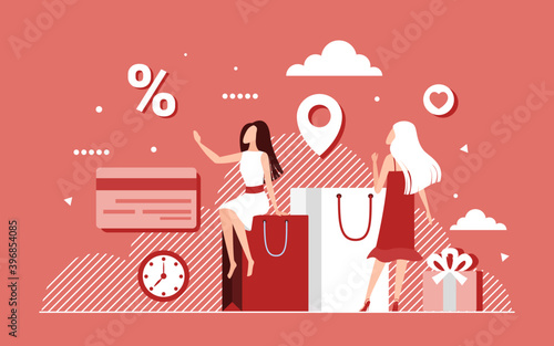 Big discount sales, loyalty program for shopping vector illustration. Cartoon woman customer character sitting on shop bags, shopaholic girls buy gifts, special offer promotion concept background