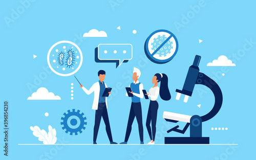Coronavirus science research vector illustration. Cartoon doctor scientist researcher characters discover and analyze corona virus, tiny people researching vaccine in laboratory concept background