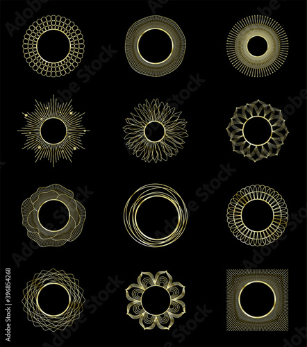 Gold collection of geometrical frames,luxury templates, decorative patterns.Art Deco style ornamental photo and art frames, creative design elements, vector illustration.