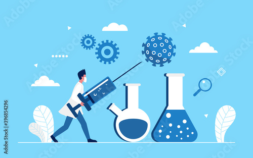 Coronavirus vaccine medicine research vector illustration. Cartoon doctor scientist character holding medical injection syringe, treatment and vaccination, stop corona virus concept background