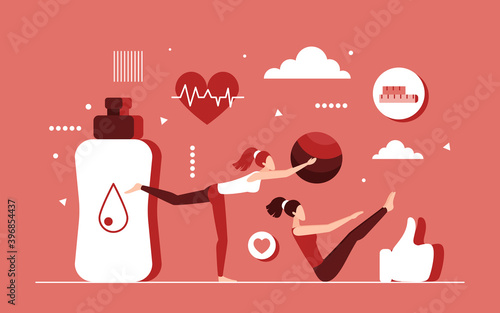 Fitness training workout, healthy sport exercises concept vector illustration. Cartoon tiny sportive active woman characters exercising with ball for body health next to big water bottle background