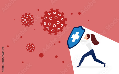 Coronavirus quarantine protection, fight concept vector illustration. Cartoon woman character protecting health, holding shield to be safe from corona virus covid19 attacks on immune system background