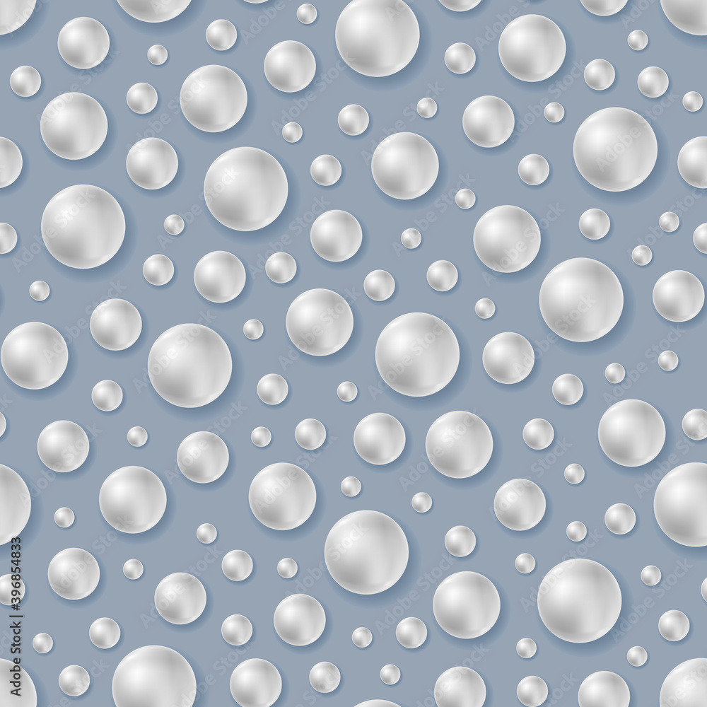 Seamless pattern with white realistic sea pearls on gray blue background. 3D shiny balls and shadow. Vector illustration for jewelry, gem, wedding, beauty design, fabric, wrapping, wallpaper print.
Seamless pattern with white realistic sea pearls on gray blue background. 3D shiny balls and shadow. Vector illustration for jewelry, gem, wedding, beauty design, fabric, wrapping, wallpaper print.