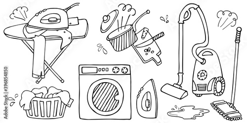 Household items set: vacuum cleaner, mop, washing machine, laundry basket, iron, ironing board. Isolated vector, white background. Hand drawn black outline. Housework, cleaning tools, domestic chores.
