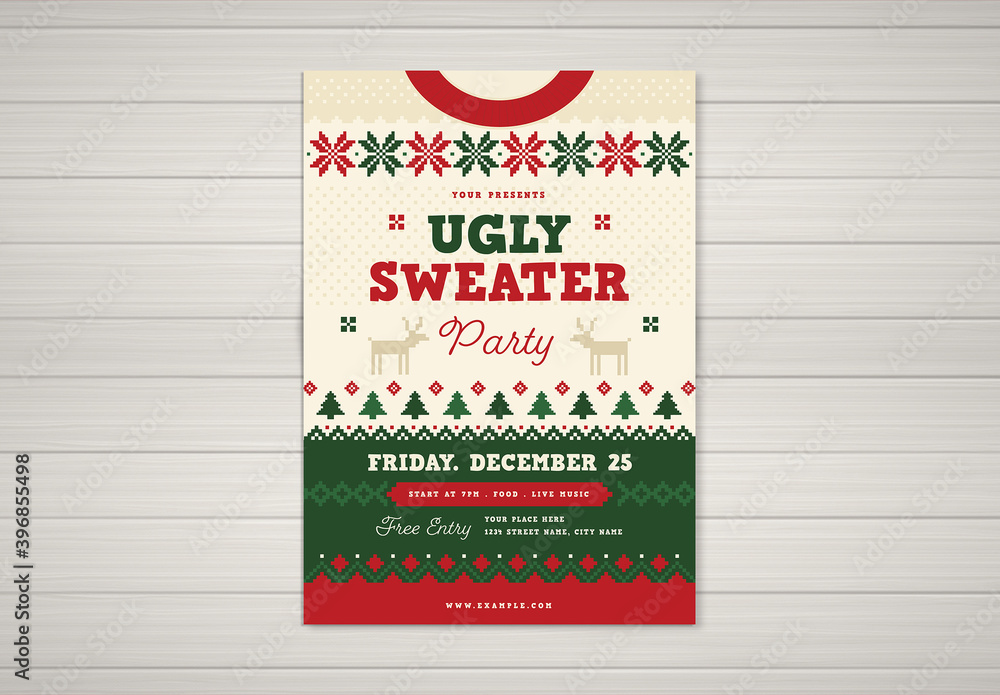 Ugly Sweater Christmas Party Flyer Layout Stock Template | Adobe Stock