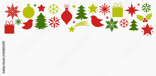 Christmas flat design red and green icons elements border background.