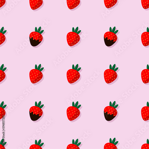Fototapeta Naklejka Na Ścianę i Meble -  Seamless pattern with chocolate-covered strawberries on a pink background. Sweet strawberries for Valentine's Day. Trending pattern for wrapping paper, templates, backgrounds, banners, postcards, web
