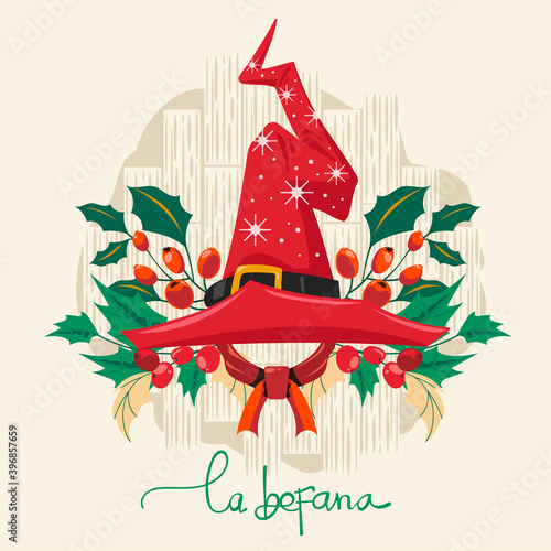 Buona Befana mean happy Epiphany Christmas Tradition in Italy. Vector illustration