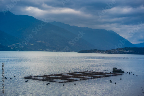 Salmon farm by the bay of Cochamo, Los Lagos, Chile.