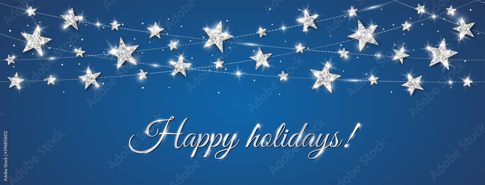 Holiday banner with glitter decoration. Silver sparkling frame. Vector Christmas border. Festive background with stars. For winter season cards, headers, party posters.