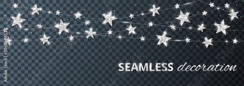 Seamless vector decoration isolated on transparent background. Strings with silver stars. Sparkling glitter holiday border, frame. For Christmas party posters, wedding invitations, birthday cards.