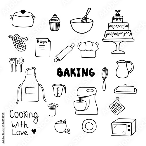 Baking doodles set. Hand drawn kitchen equipments. Vector illustration on white background.