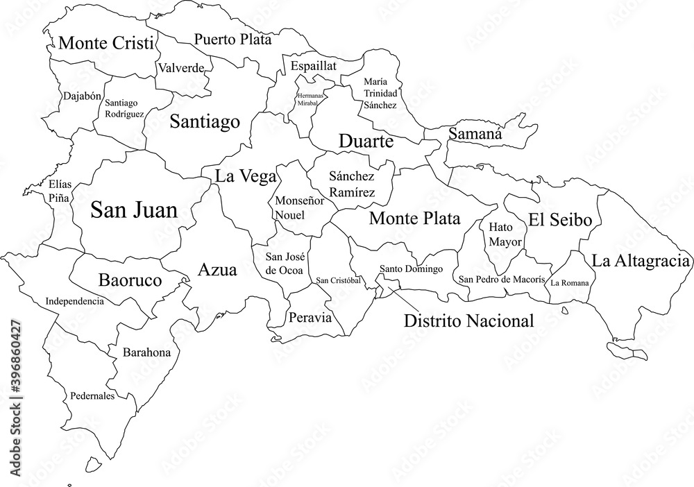 White vector map of the Dominican Republic with black borders and names of it's provinces