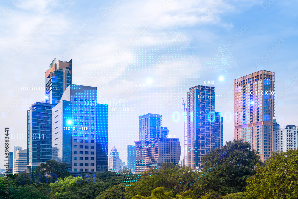 Obraz premium World planet Earth map hologram over panorama city view of Bangkok, Asia. The concept of international connections and business. Multi Exposure.