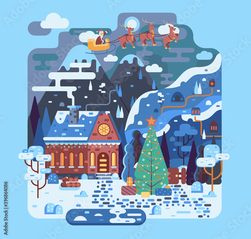 Snowy christmas cottage with smoking chimney and Xmas decorations. Christmas tree and flying sleigh with reindeer and Santa Claus. Vector flat cartoon illustration