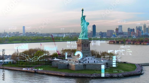 Aerial view of the Statue of the Liberty with financial charts and data. New York skyline in the background. Futuristic city skyline. Big data, Artificial intelligence, Internet of things. 