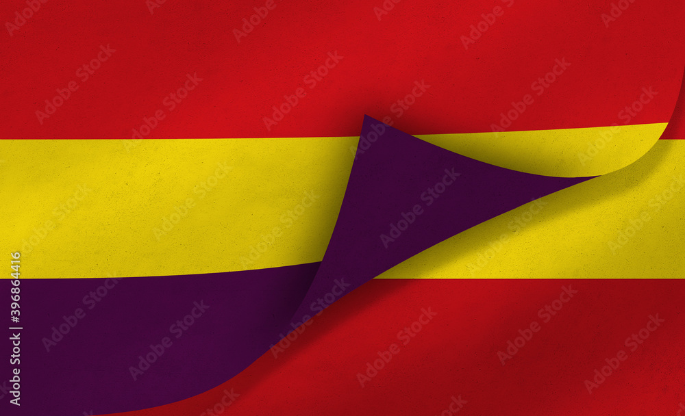 Republican Flag “tricolor” over the Spanish flag , symbol of the historical conflict in Spain Republican Flag “tricolor” over the Spanish flag , symbol of the historical conflict in Spain