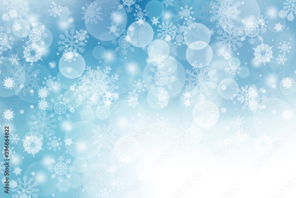 Blue abstract background. white light and snowflakes bokeh winter for Christmas new year blurred beautiful shiny lights use for card banner wallpaper backdrop and your product. Blue abstract background. white light and snowflakes bokeh winter for Christmas new year blurred beautiful shiny lights use for card banner wallpaper backdrop and your product.