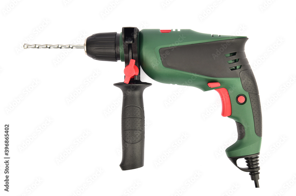 Drill isolated on white background. Drill with drill bit. Drill isolated on white background. Drill with drill bit.