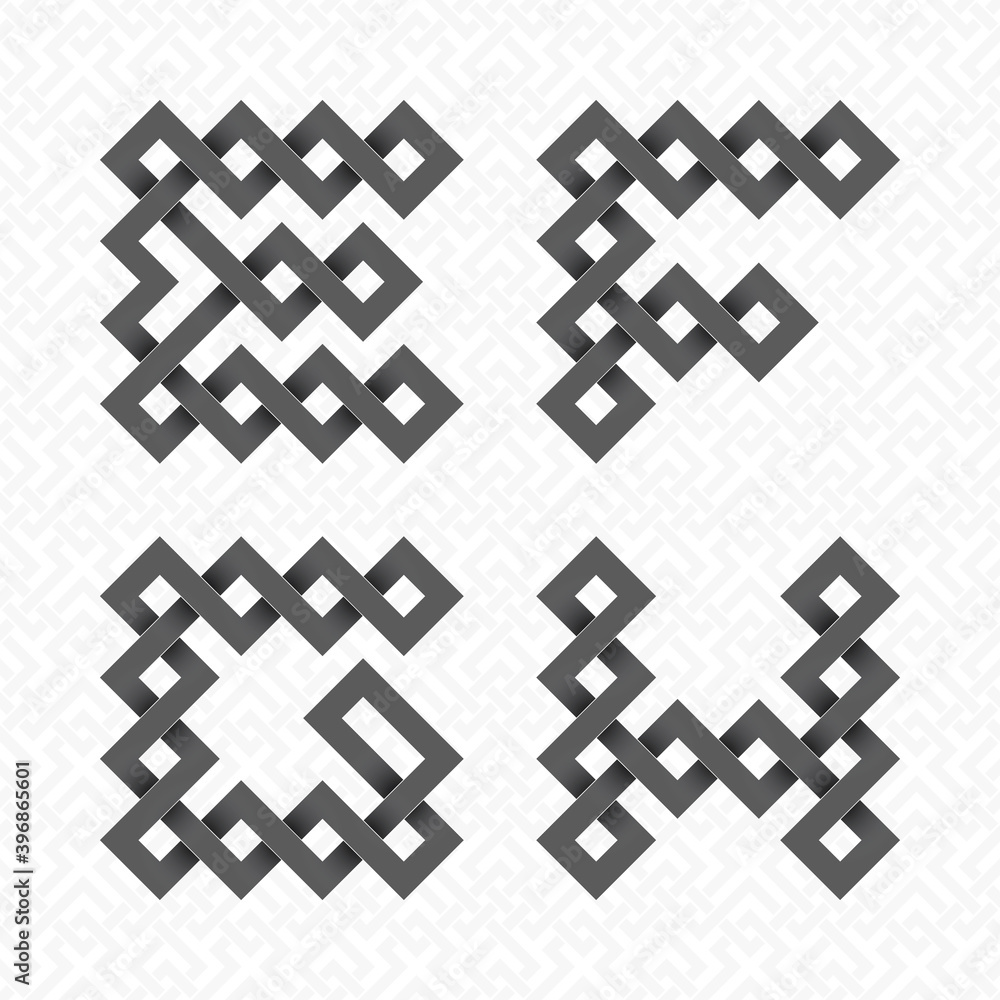 Font of interwoven strips. E, F, G, H black relief letters on a white patterned background. Font of interwoven strips. E, F, G, H black relief letters on a white patterned background.