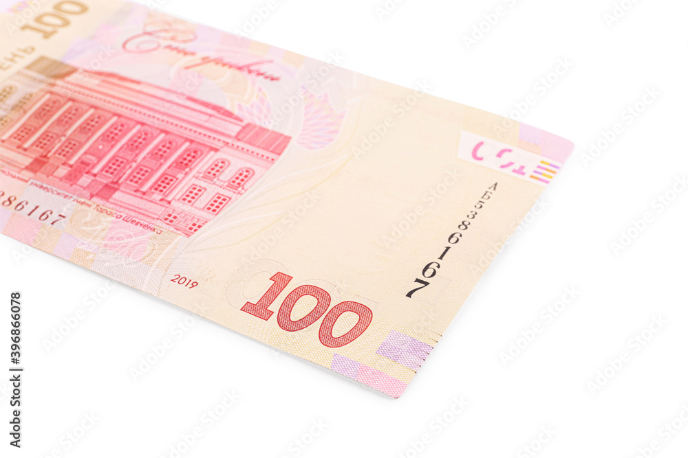 100 Ukrainian Hryvnia banknote on white background 100 Ukrainian Hryvnia banknote on white background