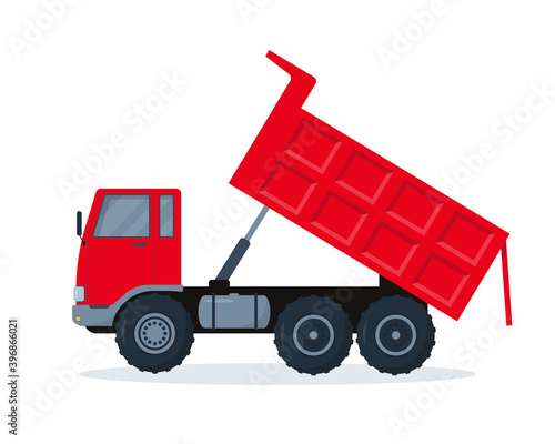 Red dump truck with open body.