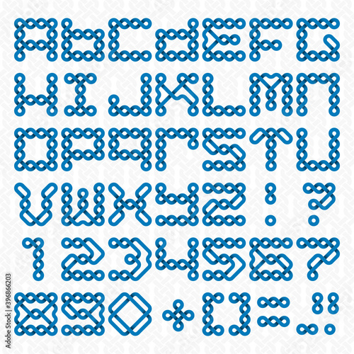 Font of twisted strips. Alphabet of blue relief letters and numbers on a white patterned background.