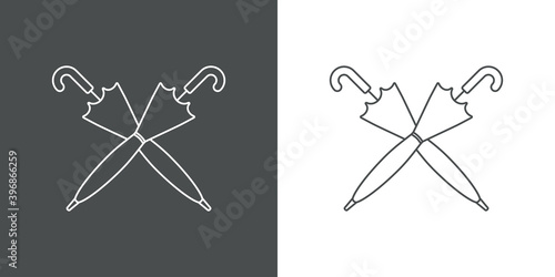 Logotipo paraguas de caballero cerrado cruzados con lineas en fondo gris y fondo blanco