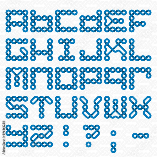 Font of twisted strips. English alphabet of blue relief letters on a white patterned background.