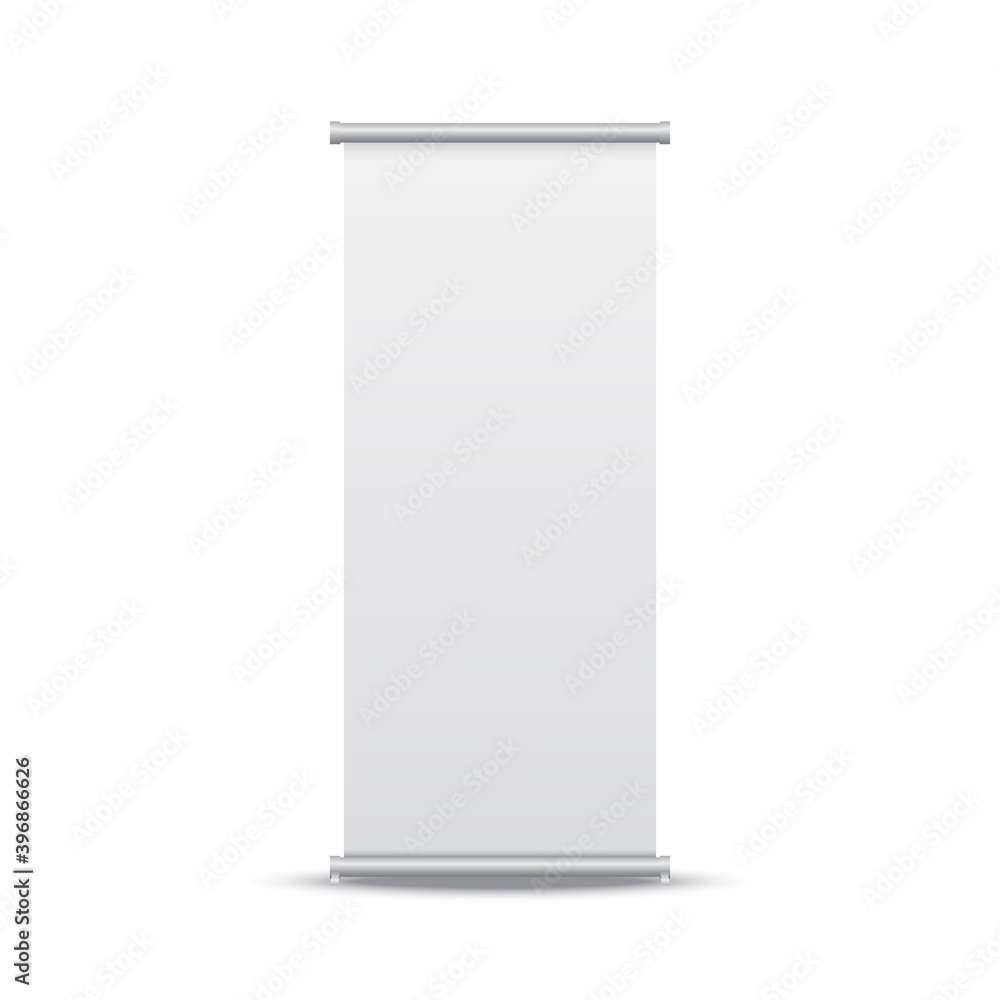 Roll up banner. Vertical stand mockup on white backdrop. Template for presentation or exhibition. Blank ad space. Business event banner. Vector illustration Roll up banner. Vertical stand mockup on white backdrop. Template for presentation or exhibition. Blank ad space. Business event banner. Vector illustration
