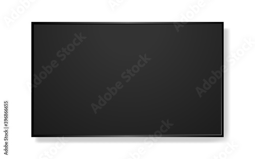 Realistic TV screen blank on white backdrop. Television mockup. Computer monitor template. Modern black panel. Wide wall display. Vector illustration