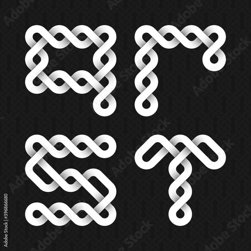 Font of twisted strips. Q, R, S, T white relief letters on a black patterned background.