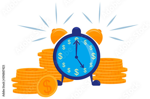 The concept of time is money. A watch with a money dial and a handful of coins isolated on a white background. Time costs money, a ringing alarm clock with a button, on legs. Vector illustration..