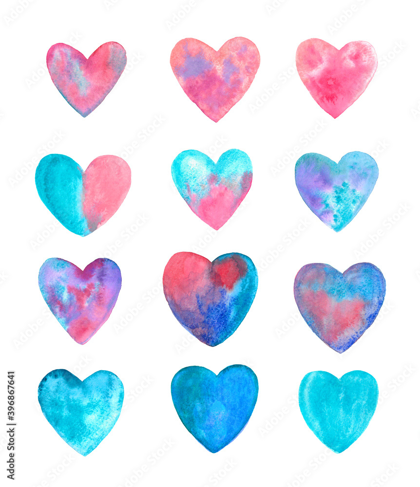 big set of watercolor hearts